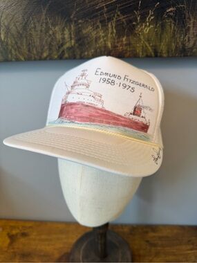 Vintage SS Edmund Fitzgerald Artist Signed Hand Drawn Trucker Hat Great Lakes